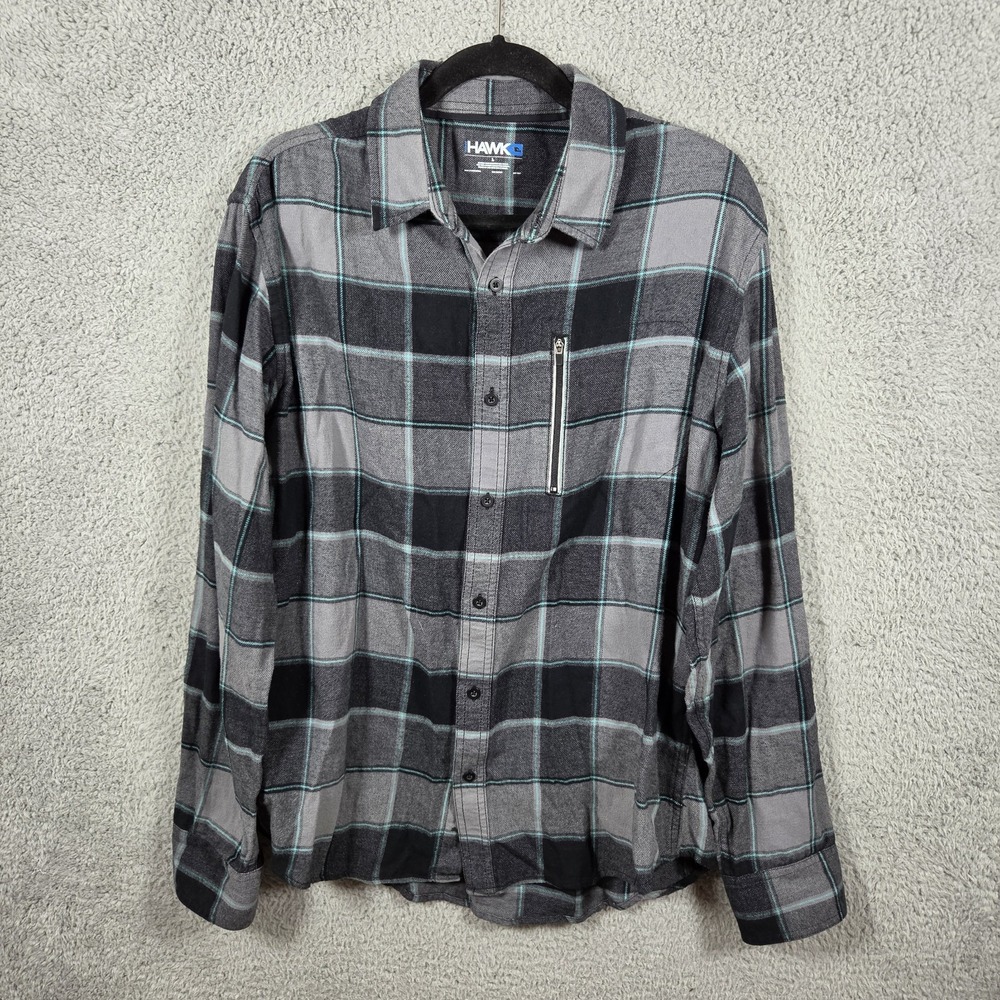 Tony Hawk Flannel Shirt Mens Large Gray Black Tartan Plaid Cotton
